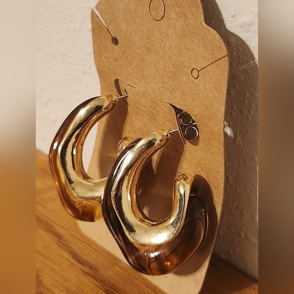 Gold and Brown (Wood?) "Hoop" Earrings - Picture 2 of 4